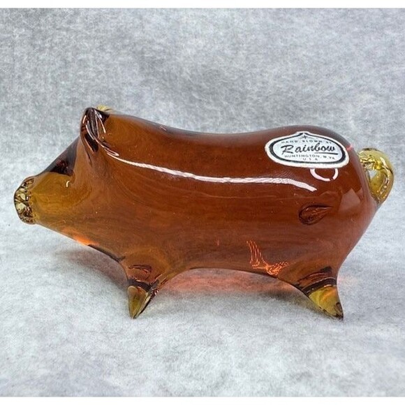 Amber Glass Pig Pilgrim Glass by Rainbow 1970s Vintage Hand Blown Figurine - Picture 1 of 10